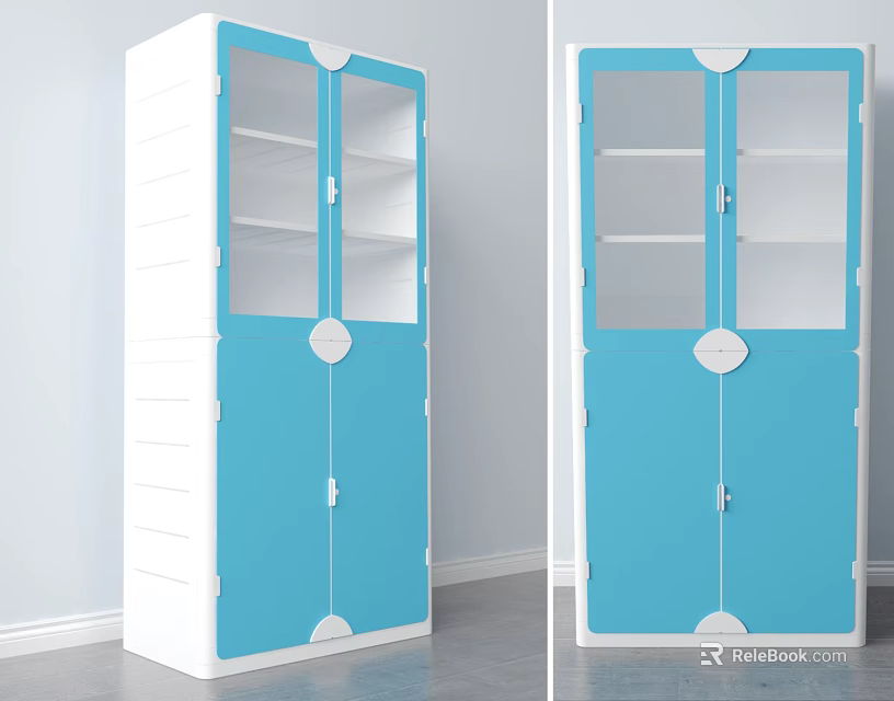 Blue And White Storage Cabinet With Glass Doors And Drawer Design 3d model 