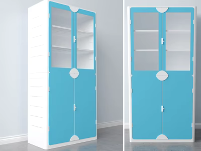 Blue And White Storage Cabinet With Glass Doors And Drawer Design 3d model