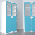Blue And White Storage Cabinet With Glass Doors And Drawer Design