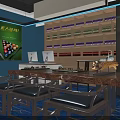 Spacious Well Lit Billiard Room Interior Featuring Multiple Tables Blue Lighting And Blue Carpet Floor