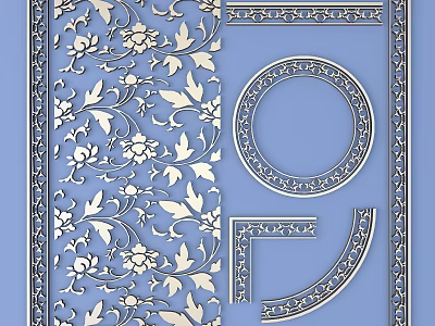 Intricate Carved Patterns With Floral Designs And Circular Motifs On Blue Background 3d model