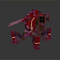 Red Mechanical Robot With Weapon And Reflective Metal Body Surfaces