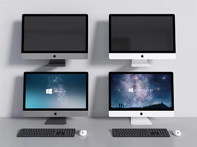 Four Computer Monitors Setup Some On With Galaxy Background Some Off With Keyboards Mice 3d model