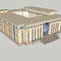 Symmetrical Government Building Exterior With Glass Windows Red Emblem And Front Steps