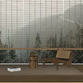 Minimalist Wooden Window Blinds Enhance Interior With Forest View And Cozy Wooden Furniture