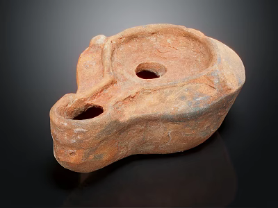 Ancient Terracotta Oil Lamp With Rough Surface Texture And Two Holes 3d model