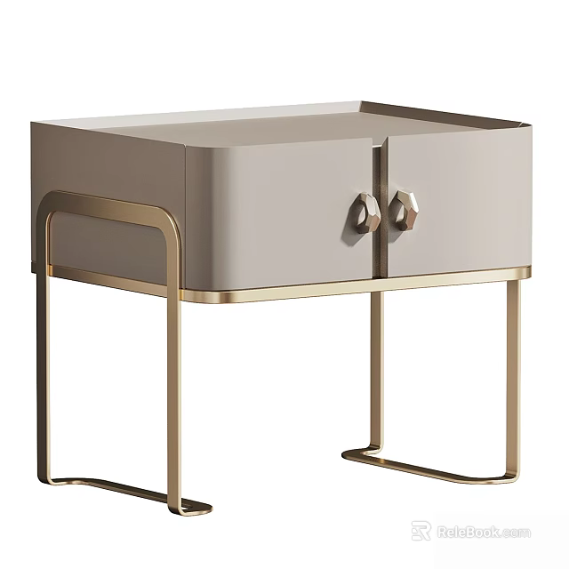 Modern Bedside Table With Light Gray Drawers And Gold Metal Frame 3d model 