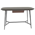 Modern Desk with Dark Tabletop and Brown Drawer on Black Metal Legs for Minimalist Workspace