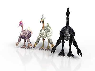 Three Mythical Bird Like Animals With Colorful Feather Designs Standing On White Background 3d model