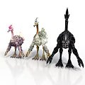 Three Mythical Bird Like Animals With Colorful Feather Designs Standing On White Background
