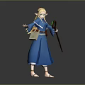 Blonde Woman Wearing Blue Robe Holding Brown Staff Posing Against Gray Background Magically