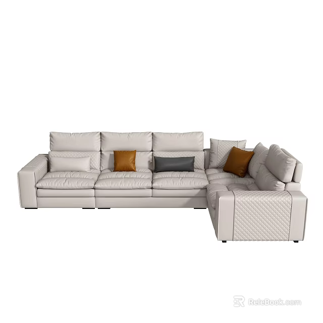 Modern Light Gray Sectional Sofa With Orange And Gray Decorative Pillows 3d model