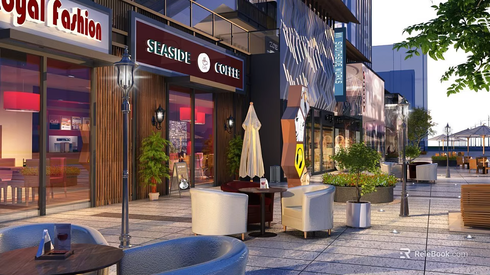 Vibrant Commercial Street With Coffee Shop Outdoor Seating Street Lamps And Modern Buildings 3d model 