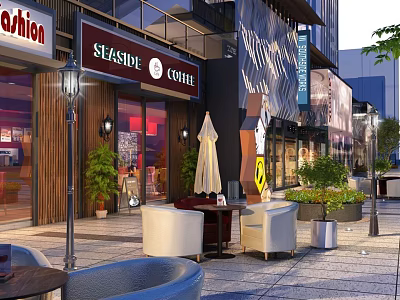 Vibrant Commercial Street With Coffee Shop Outdoor Seating Street Lamps And Modern Buildings 3d model