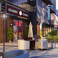 Vibrant Commercial Street With Coffee Shop Outdoor Seating Street Lamps And Modern Buildings