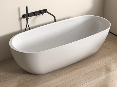 White Freestanding Bathtub With Black Wall Mounted Faucet On Smooth Wooden Floor 3d model