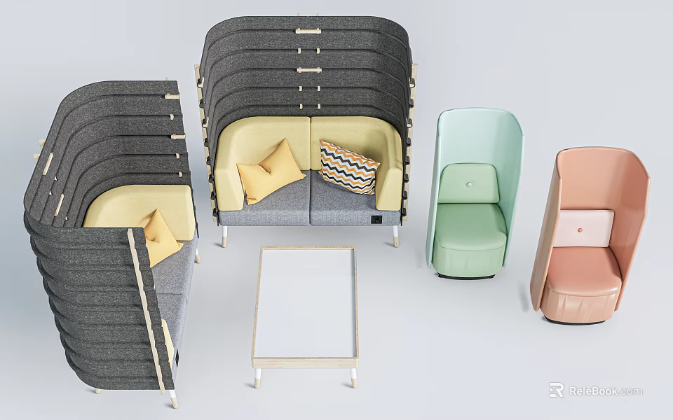 Modular Comfortable Casual Sofa Set with Gray Green Pink Units Cozy Cushions and Wooden Coffee Table 3d model 