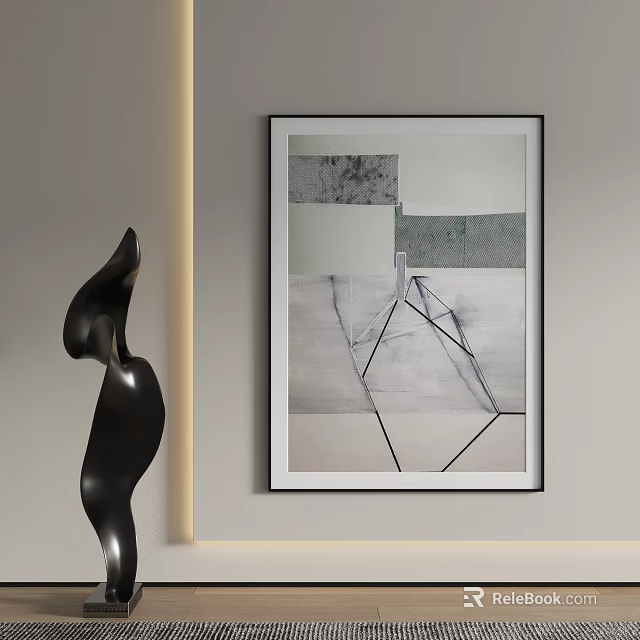 Abstract Black Sculpture Art On Gray Wall With Framed Painting And Soft Lighting 3d model 