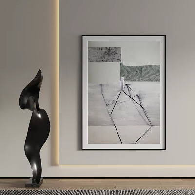 Abstract Black Sculpture Art On Gray Wall With Framed Painting And Soft Lighting 3d model