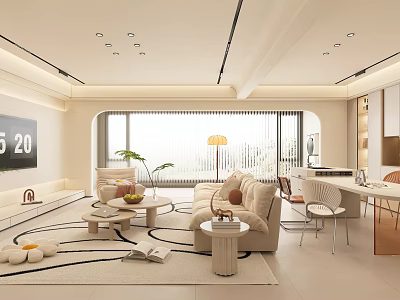 Modern Open Plan Living Dining Room With Beige Sofa Coffee Table City View And Area Rug 3d model