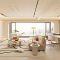 Modern Open Plan Living Dining Room With Beige Sofa Coffee Table City View And Area Rug