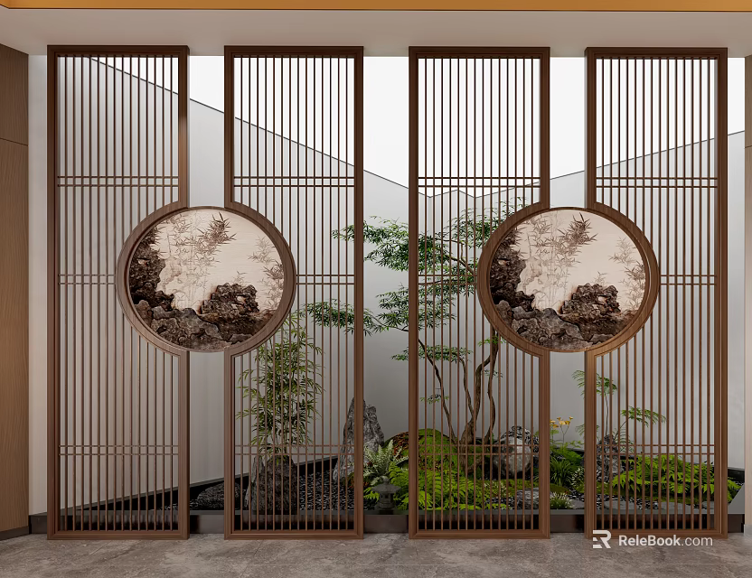 Chinese Garden Landscape With Wooden Screens Circular Decorations Green Plants And Rockery 3d model 