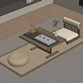 Japanese Style Tea Area With Wooden Table Cushion Chair And Tea Set Plant