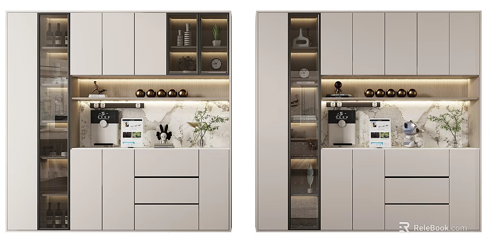 Modern Built in Wine Cabinet With Glass Doors And Marble Countertop In Kitchen Interior 3d model 