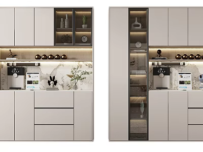 Modern Built in Wine Cabinet With Glass Doors And Marble Countertop In Kitchen Interior 3d model