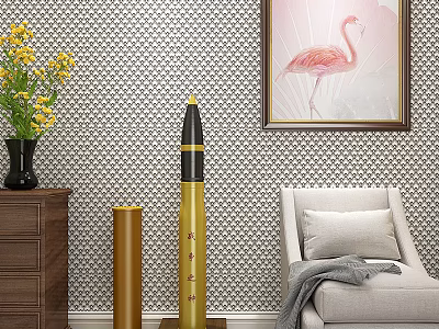 Light Gray Lounge Chair With Beige Pillow Gray Blanket And Flamingo Painting On Patterned Wallpaper 3d model