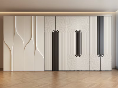 Modern Wardrobe With Wave Patterned Panels Black Vertical Strips And Sleek Surface 3d model