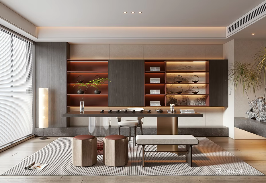 Serene Modern Tea Room Interior With Wooden Tea Table Display Shelves And Potted Plants 3d model 