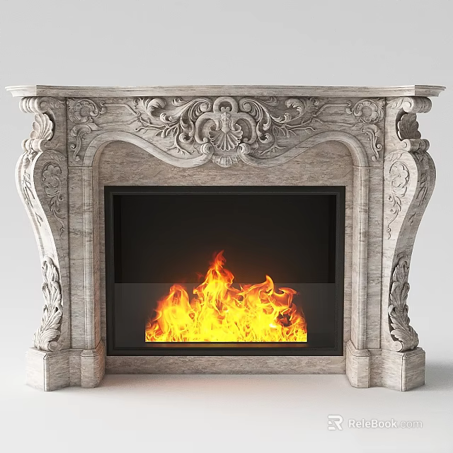 Ornate Carved Stone Fireplace With Burning Flames In Classic Interior Design 3d model 