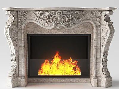 Ornate Carved Stone Fireplace With Burning Flames In Classic Interior Design 3d model