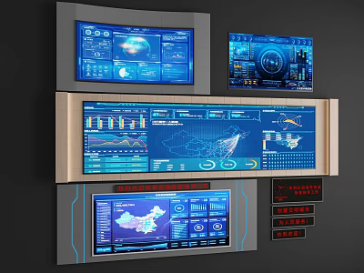 Multi Screen Computer Monitoring System With Blue Interface Data Charts And Digital Maps 3d model