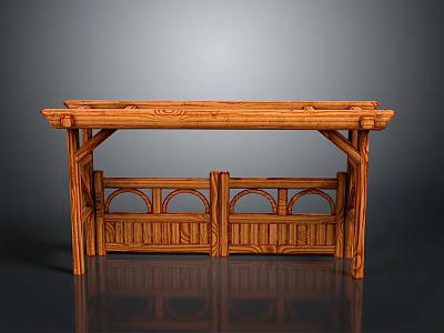Wooden Entrance Gate With Canopy And Carved Double Door Design 3d model