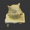 Fantasy Creature Head Sculpture With Gray Fur Pink Ears And Blue Eyes On White Base