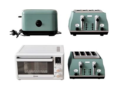 Assorted Modern Kitchen Appliances Featuring Green Toaster And White Electric Oven Models 3d model
