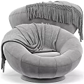 Modern Gray Plush Single Sofa With Round Design And Fringed Throw Blanket 3d model