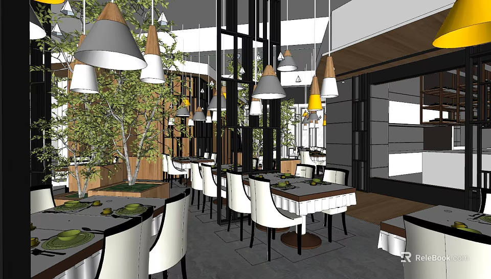 Modern Restaurant Interior With Hanging Lamps Dining Tables White Chairs And Green Plants 3d model 