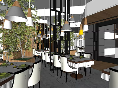 Modern Restaurant Interior With Hanging Lamps Dining Tables White Chairs And Green Plants 3d model