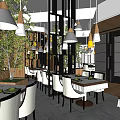 Modern Restaurant Interior With Hanging Lamps Dining Tables White Chairs And Green Plants
