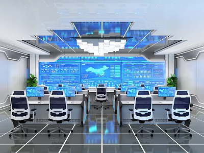 Modern Office Workdesks With Multiple Monitors Tech Background Large Screen And Data Charts 3d model