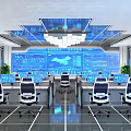 Modern Office Workdesks With Multiple Monitors Tech Background Large Screen And Data Charts 3d model