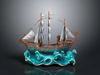 Decorative Sailing Ship Model With White Sails Blue Wave Base And Intricate Design 3d model