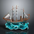 Decorative Sailing Ship Model With White Sails Blue Wave Base And Intricate Design