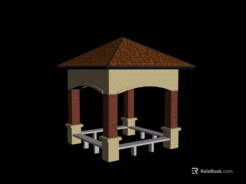 Outdoor Gazebo Design Featuring Brown Tiled Roof Red Brick Columns And Light Base 3d model 