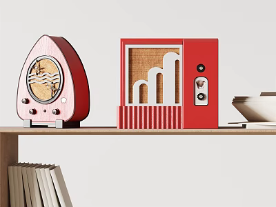 Stylish Red Pink Speakers with Unique Modern Design on Wooden Shelf 3d model