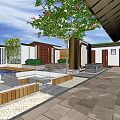 Modern Detached Villa Exterior With Stone Steps Large Windows Green Plants And Pink Flowering Tree