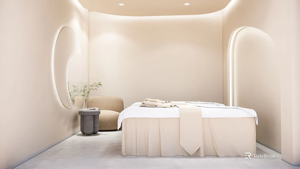 Serene SPA Sauna Room with Massage Bed Soft Lighting Beige Sofa Plants and Light Decor 3d model 